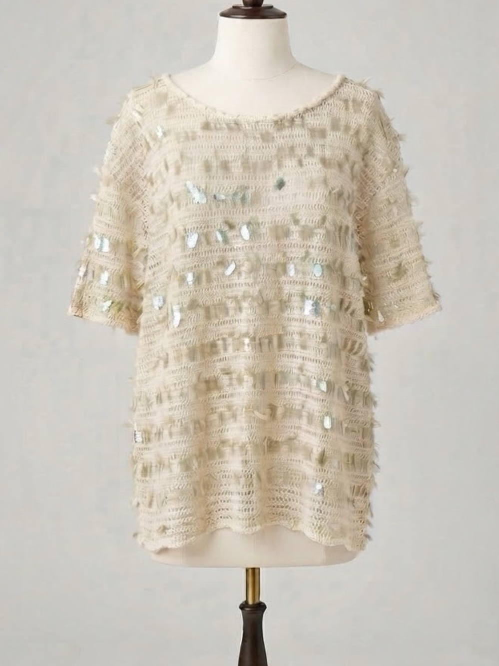 J. Crew Cream Beaded Fringe Short Sleeve Top